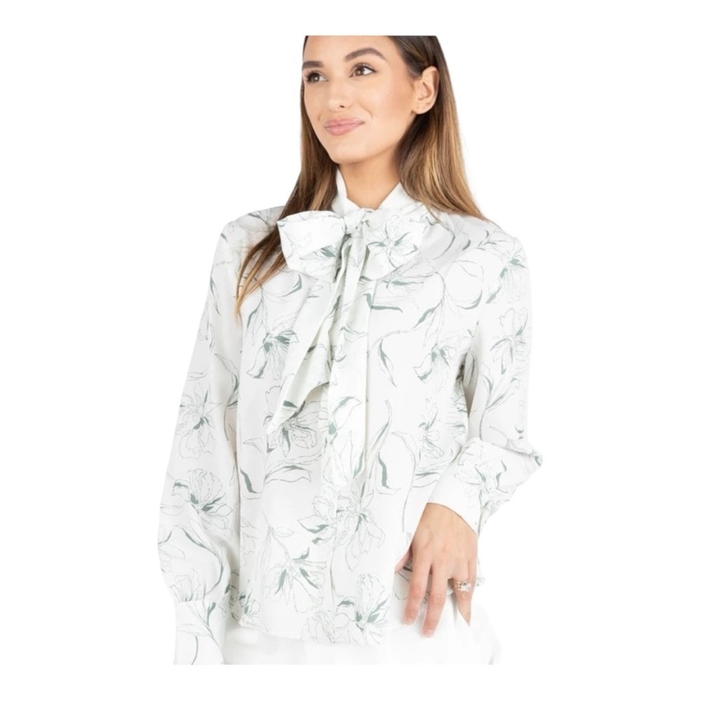 Kittenish Ivory Floral Blouse with Elegant Bow